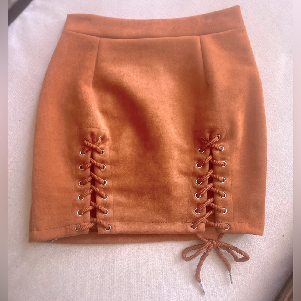 Women Solid Criss cross Faux Suede Mini Skirt Khaki